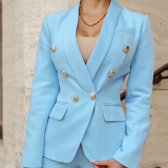 NEW!!! Double Breasted Blazer & Pants Suit Set - Sky Blue - Picture 3 of 5